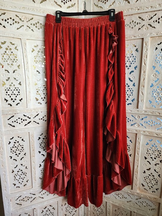 Rusttydustty Pants - RusttyDustty XL Burnt Orange Velvet Flare & Slit Ruffle Leg Pants